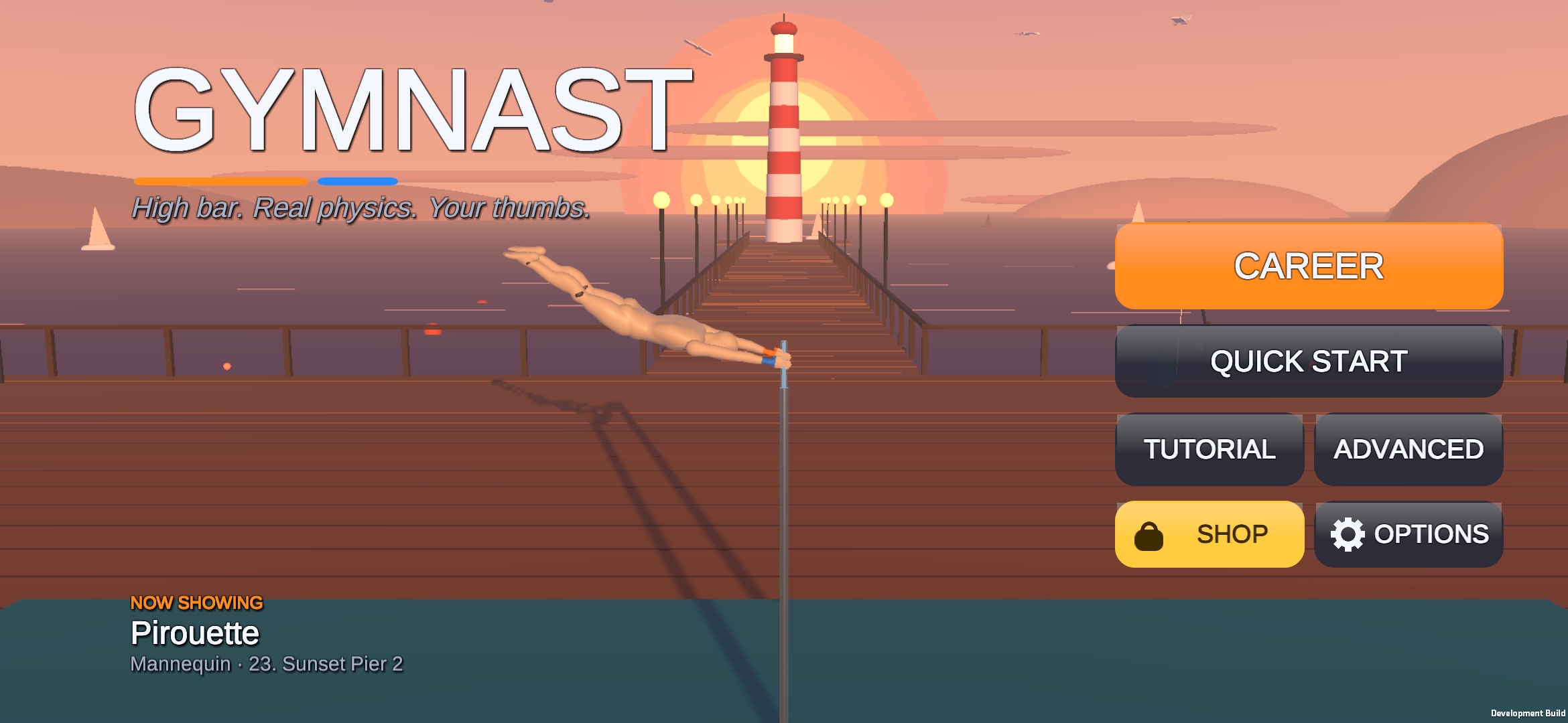 A gymnast holds a pirouette on the high bar at Sunset Pier, with a lighthouse and the setting sun behind