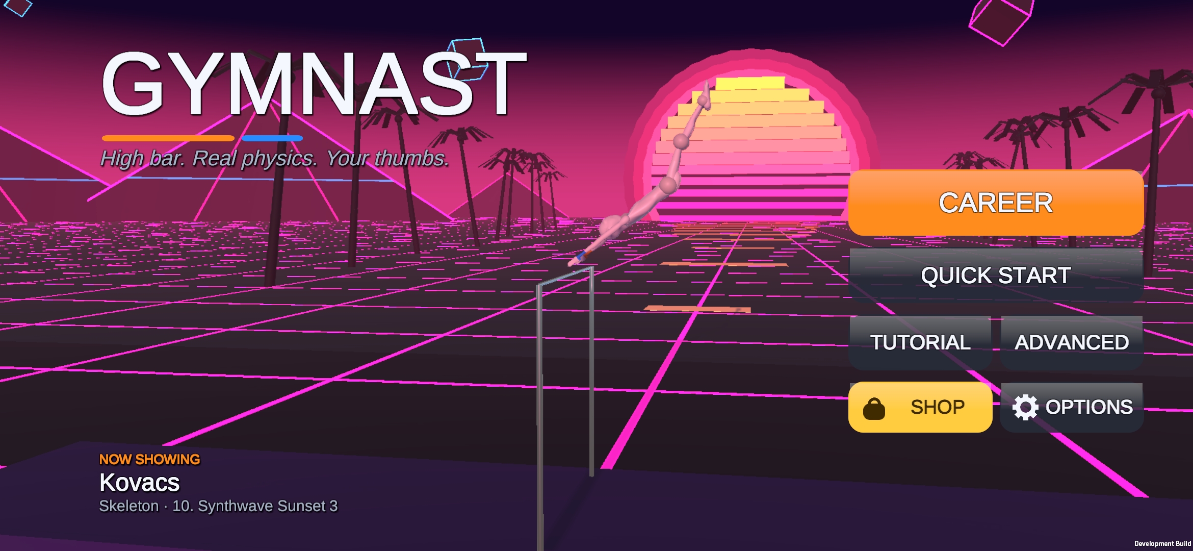 The Gymnast title screen: a gymnast flies off the high bar in a Kovacs against a synthwave sunset