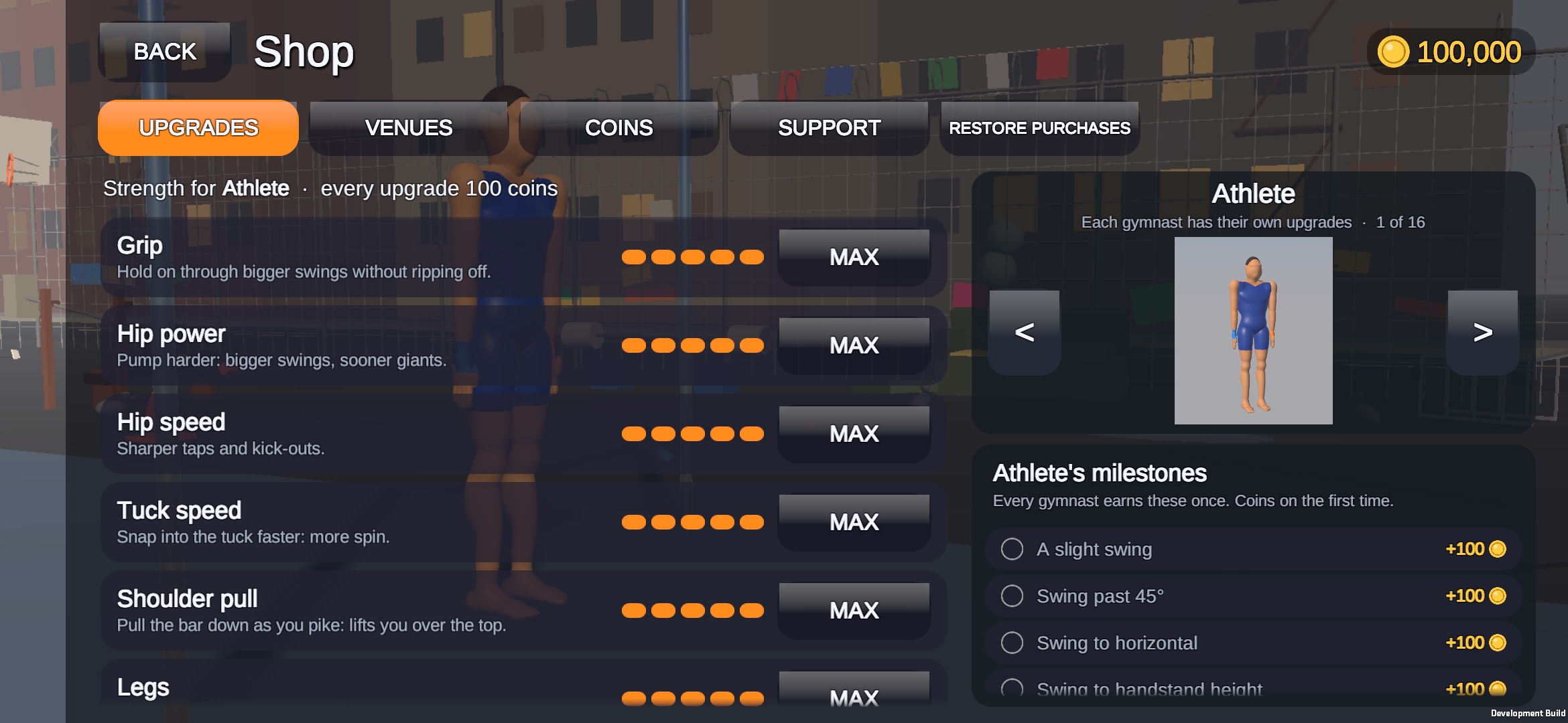 The shop upgrades screen: grip, hip power, hip speed, tuck speed and shoulder pull for the Athlete, with milestones