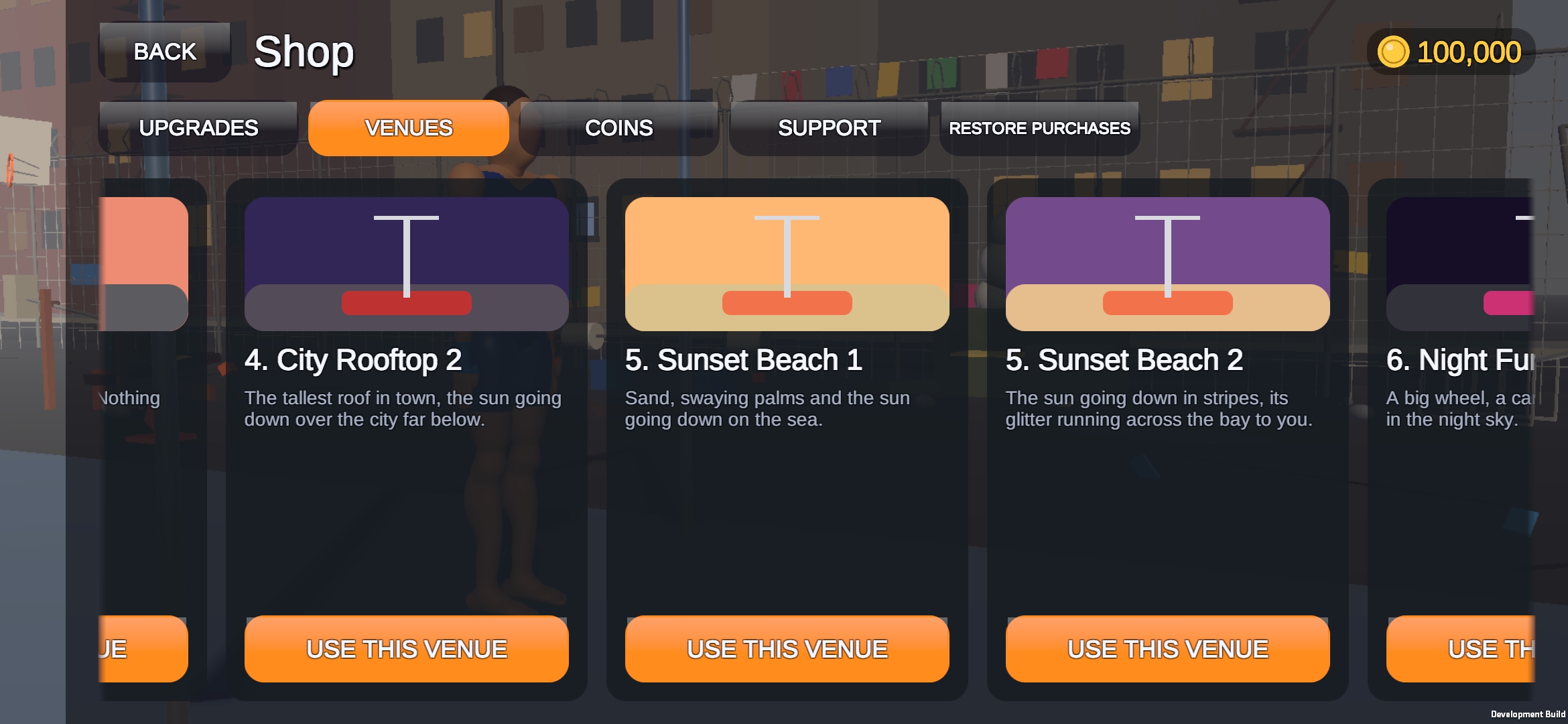 The shop venues screen: City Rooftop, Sunset Beach and more venues to choose from