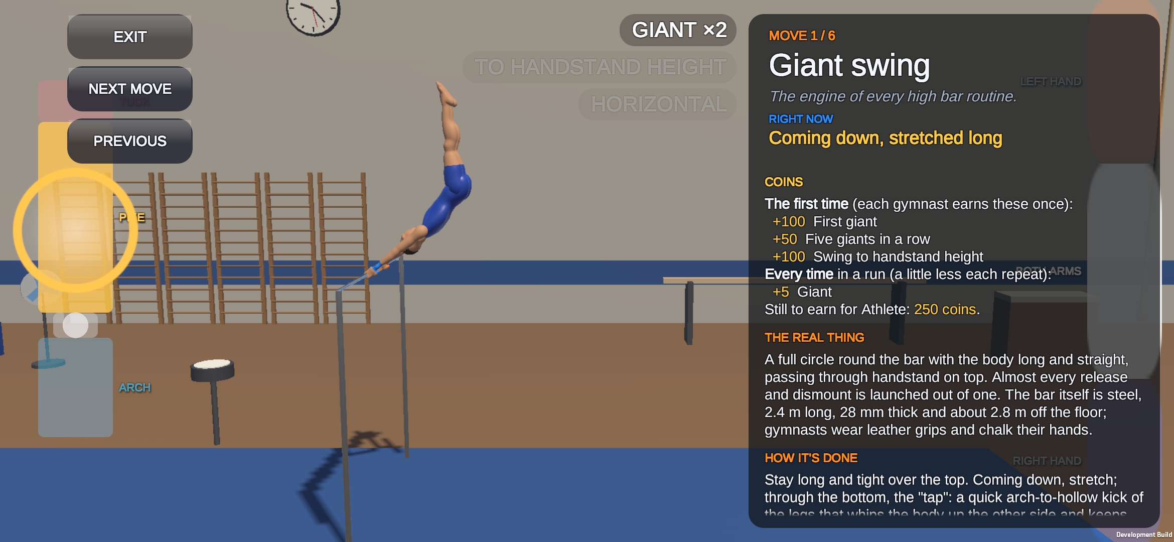 The advanced tutorial: a gymnast passes through handstand in a giant swing while a coach panel explains the move